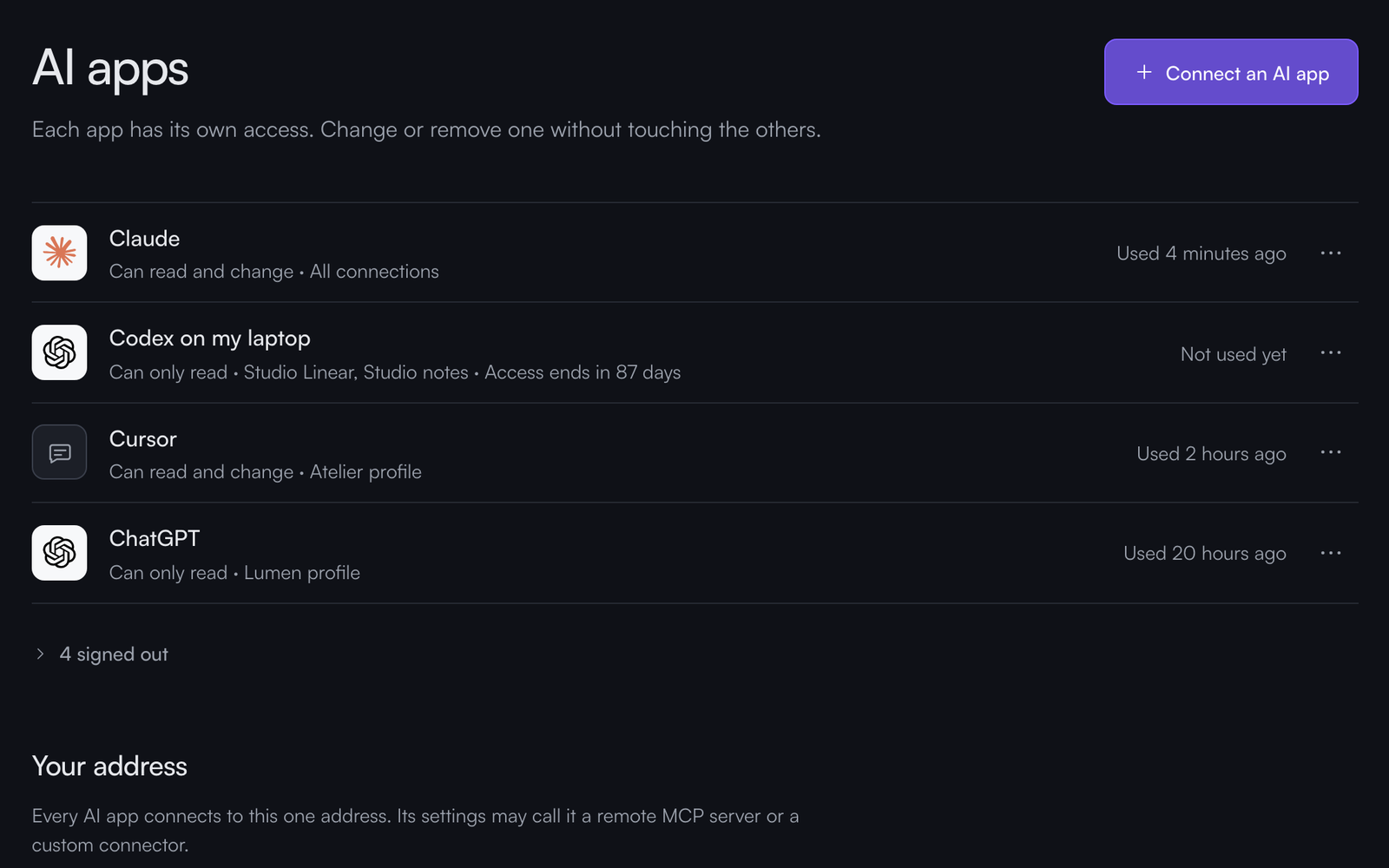 The AI apps page in Kin: Claude, Codex, Cursor and ChatGPT, each with its own access, and the one address they connect to.