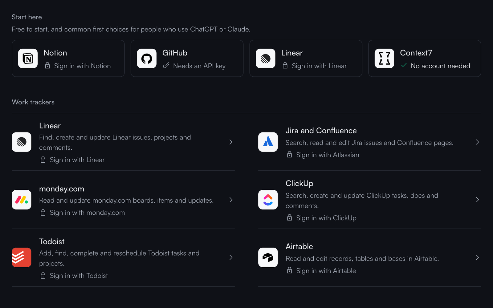 The Add a connection directory in Kin: Notion, GitHub, Linear and Context7 to start, then work trackers such as Jira, monday.com, ClickUp, Todoist and Airtable.