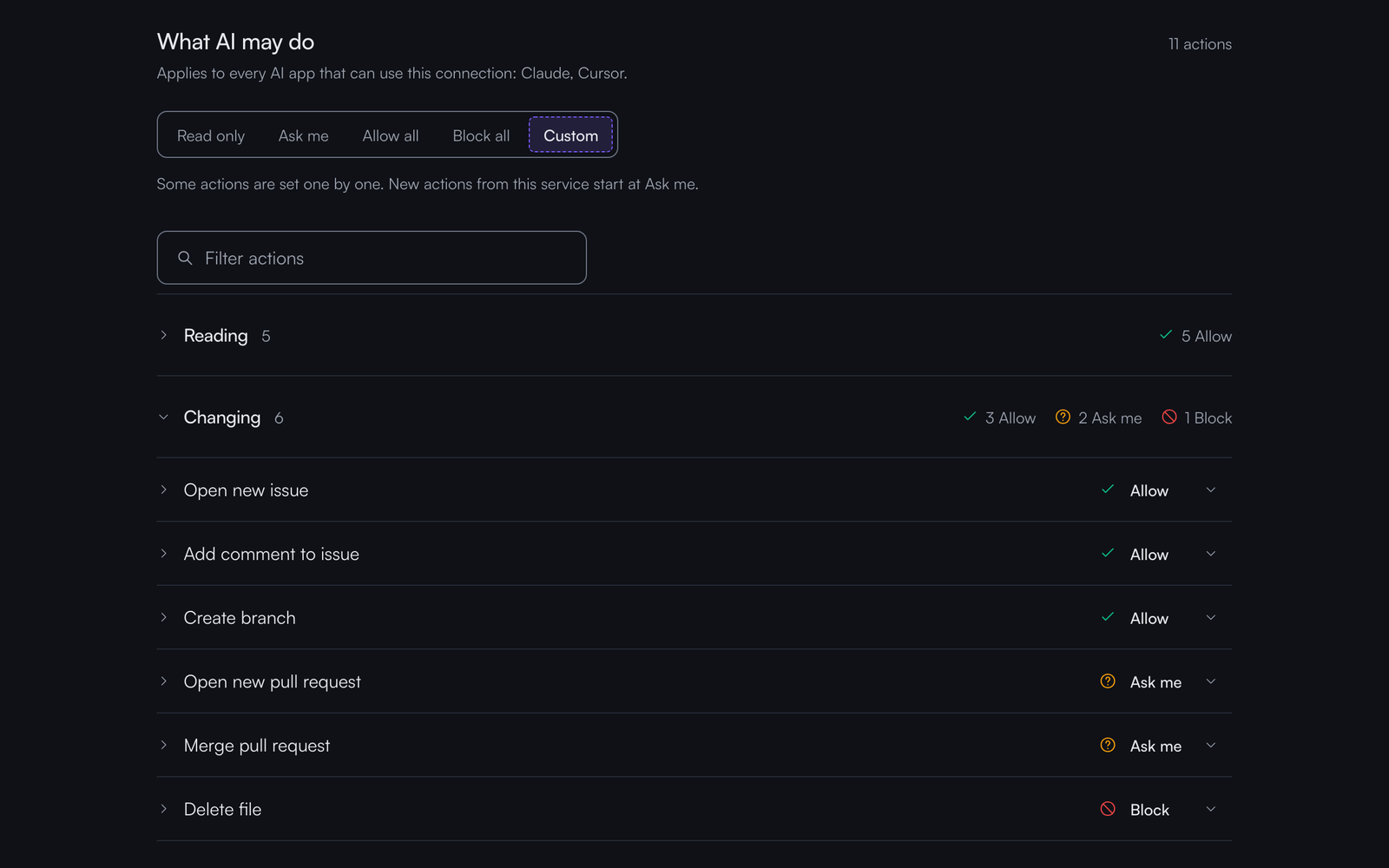 The rules for a GitHub account in Kin: reading actions allowed, opening and merging pull requests set to Ask me, deleting a file blocked.